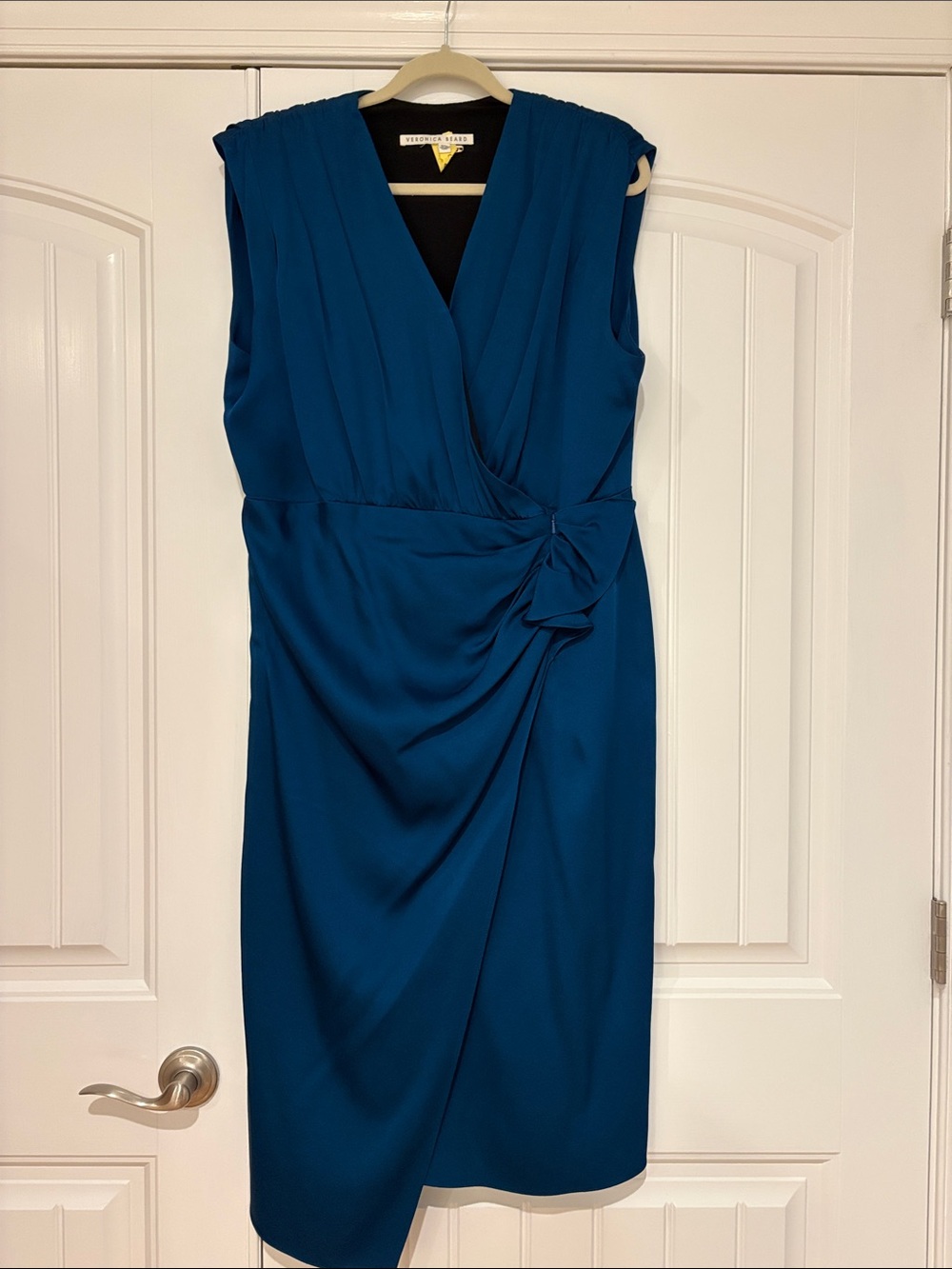 Veronica Beard Teal Sleeveless Faux Wrap Midi Dress with Side Knot